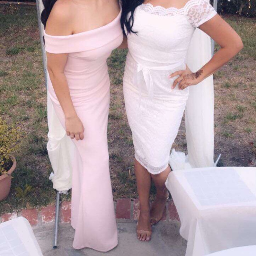 Off the shoulder blush dress worn once for engagement size 8 katie may